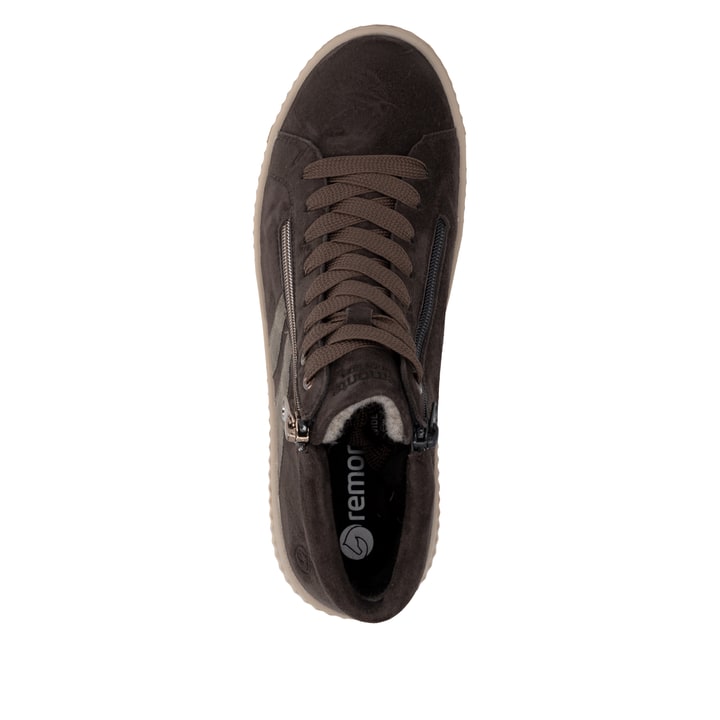 Dunkelbraune remonte Damen Sneaker D3E70-25 mit wasserabweisender TEX-Membran. Schuh von oben.
