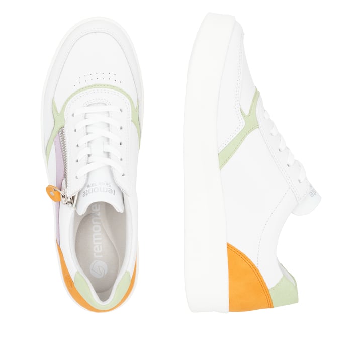 Weiße remonte Damen Sneaker Low D0J01-86 mit einem Reißverschluss. Schuh von oben, liegend.