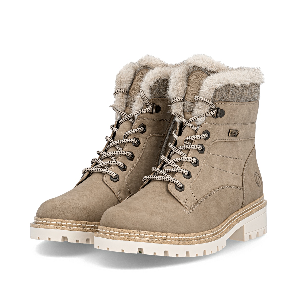 Dunkelbeige remonte Damen Schnürstiefel D0B81-20 mit griffiger Glass-Fibre Sohle. Schuhpaar seitlich schräg.