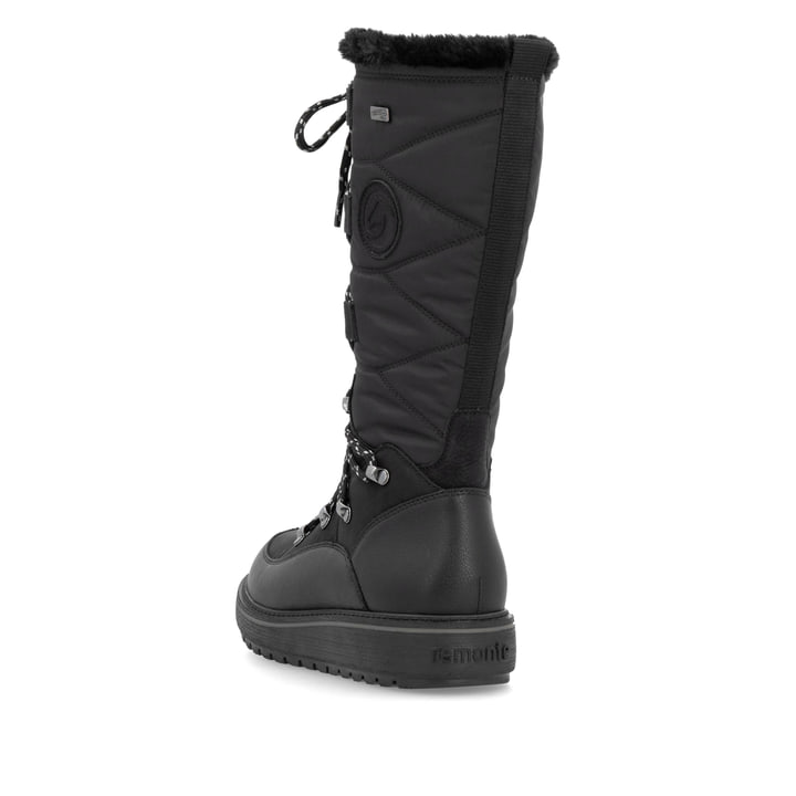 Nachtschwarze remonte Hochschaftstiefel D0U77-00 mit Flip-Grip Sohle. Schuh von hinten.