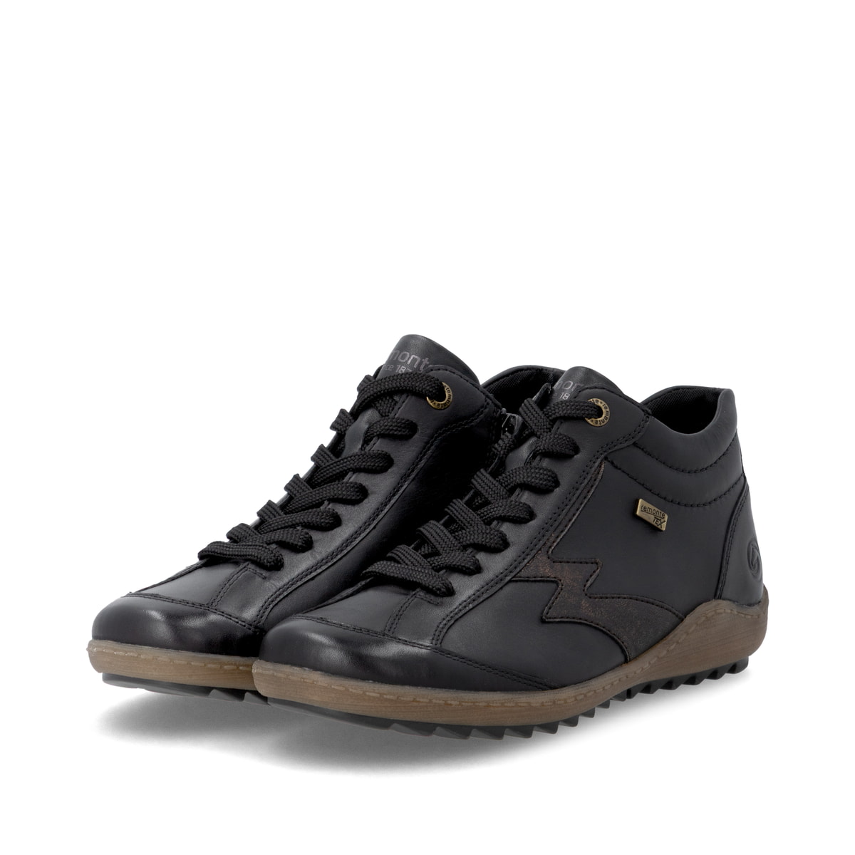 Schwarz-bronzene remonte Damen Schnürstiefel R1454-03. Schuhpaar seitlich schräg.