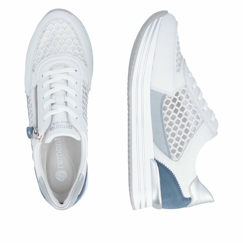 Weißblaue vegane remonte Damen Sneaker D1329-81 mit einem Reißverschluss. Schuh von oben, liegend.