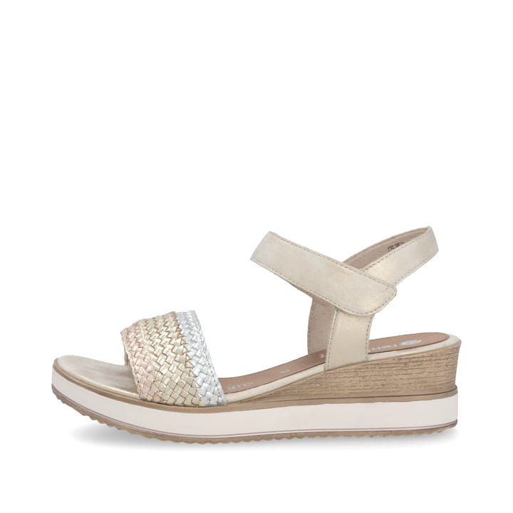 Metallische remonte Keilsandaletten D6465-90 mit einem Klettverschluss. Schuh Außenseite.