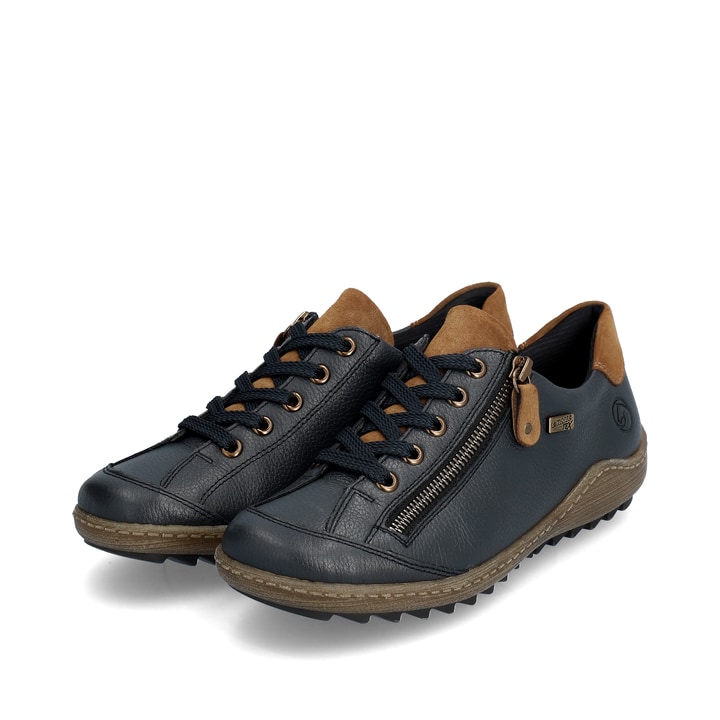 Dunkelblau-braune remonte Damen Schnürschuhe R1402-16. Schuhpaar seitlich schräg.