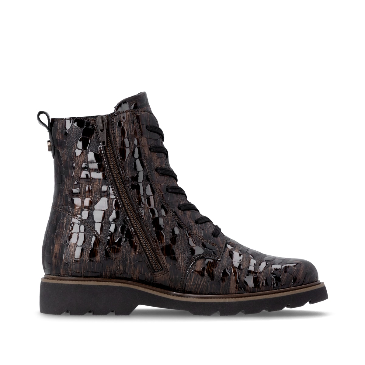 Dunkelbraune remonte Damen Schnürstiefel D3S72-25 mit einem Reißverschluss. Schuh Innenseite.