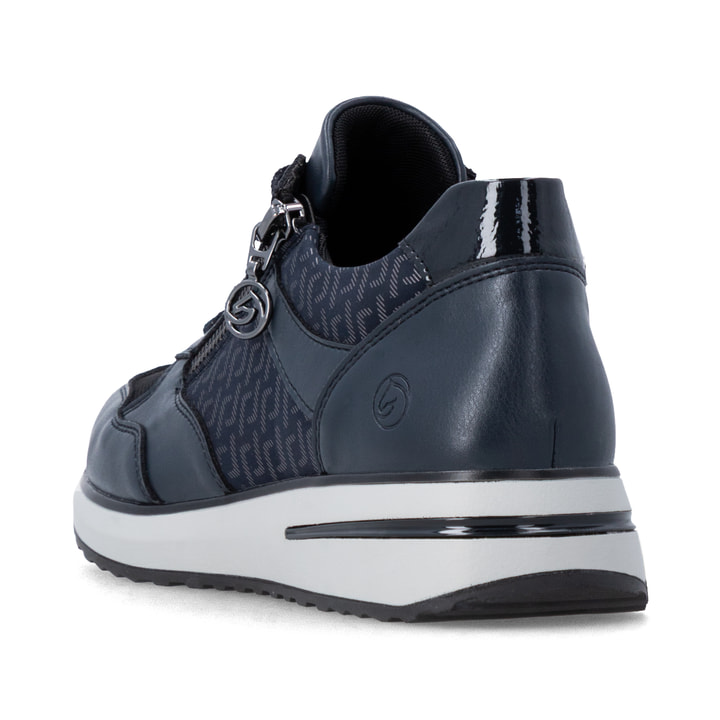 Vegane, dunkelblau-schwarze remonte Damen Sneaker D1G08-14 mit Reißverschluss. Schuh von hinten.