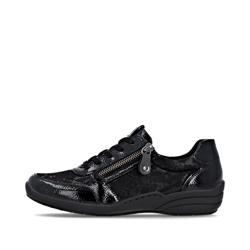 Baskets basses remonte noires pour femme R7637-04 avec fermeture éclair. Côté extérieur de la chaussure.