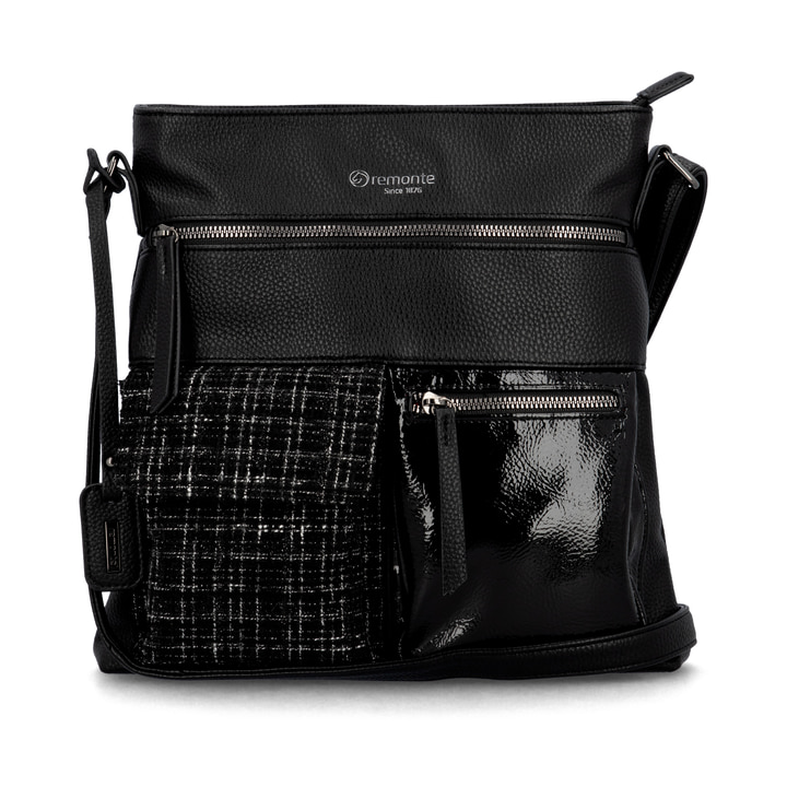 Sac bandoulière remonte Q0729-01 en noir avec des bretelles ajustables et deux poches extérieures. Face avant.
