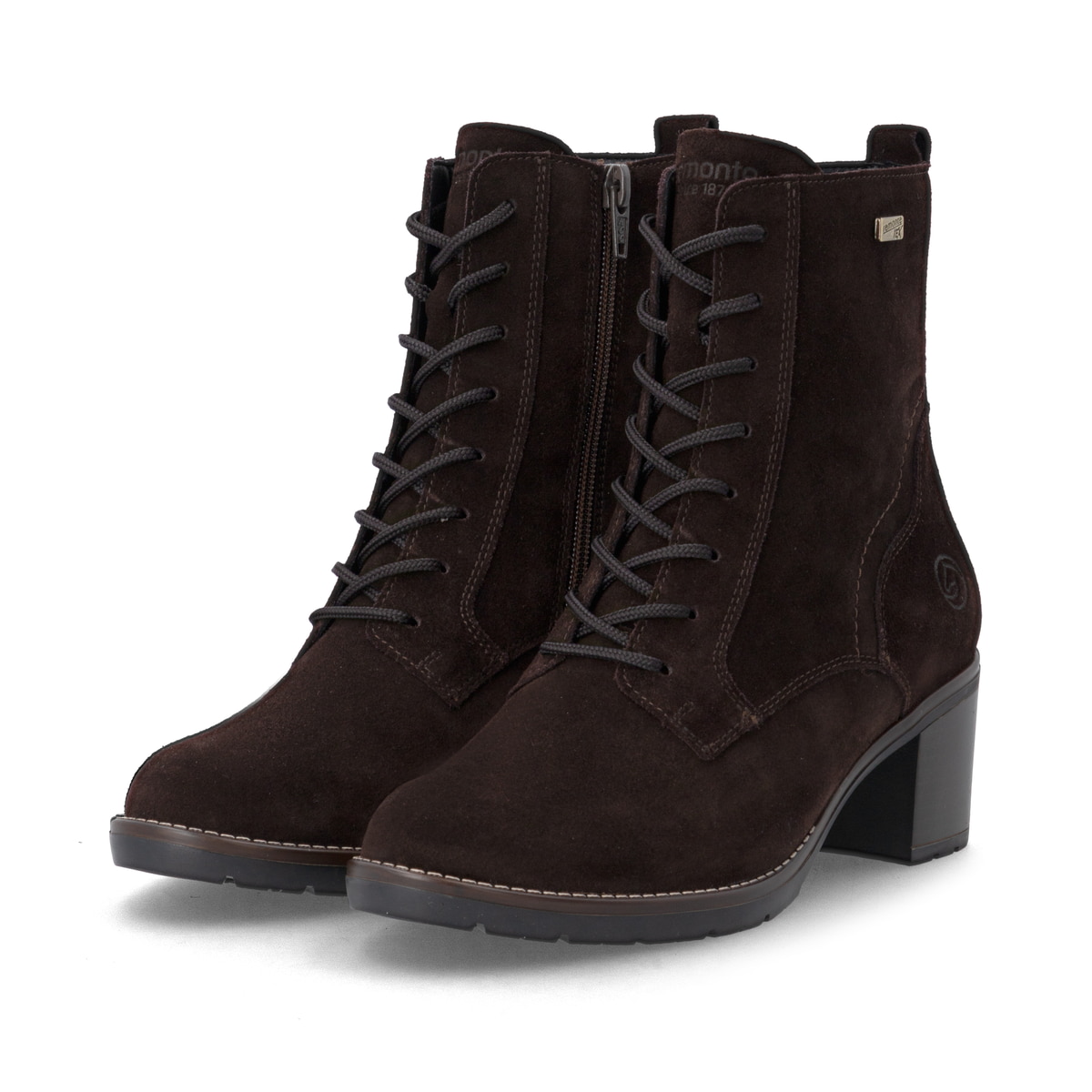 Dunkelbraune remonte Damen Schnürstiefel D2A80-25. Schuhpaar seitlich schräg.