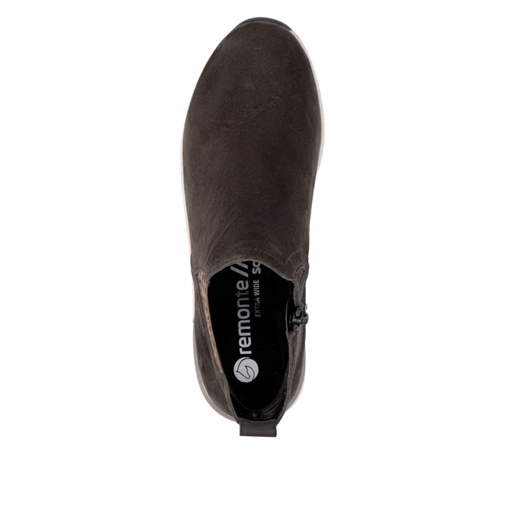 Dunkelbraune remonte Chelsea Boots D0T75-25 mit einem Reißverschluss. Schuh von oben.