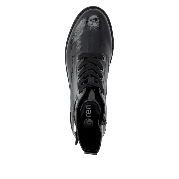 Vegane, schwarze remonte Damen Schnürstiefel D8683-03 mit einem Reißverschluss. Schuh von oben.