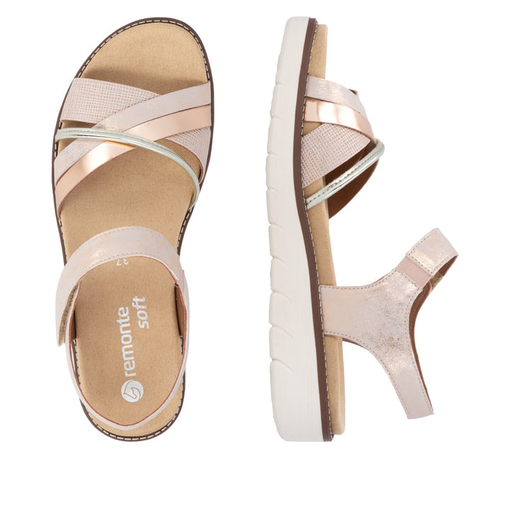 Rosafarbene vegane remonte Riemchensandalen D2058-31 mit einem Klettverschluss. Schuh von oben, liegend.