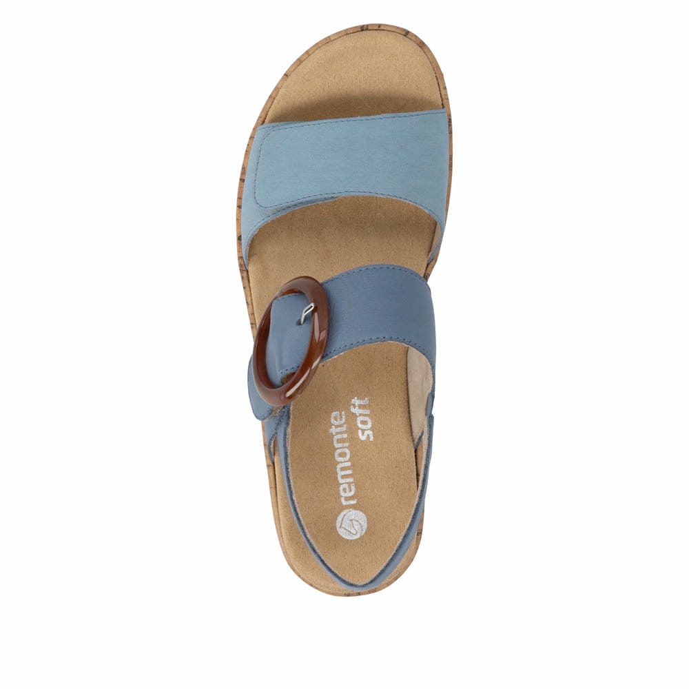 Sandales à lanières remonte bleues femme R6853-15 avec boucle tendance. Chaussure vue de dessus.