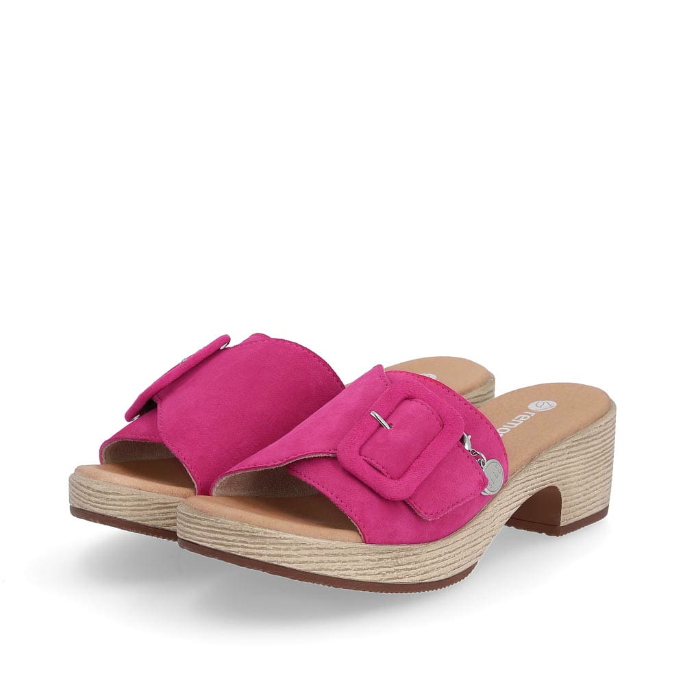 remonte mules roses femmes D0N56-31 avec une fermeture velcro. Chaussures inclinée sur le côté.