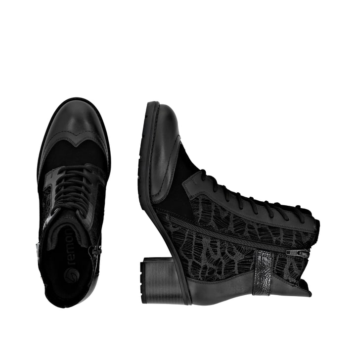 Schwarze remonte Damen Stiefeletten D2A77-02 mit wasserabweisender TEX-Membran. Schuh von oben, liegend.