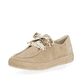 Beige remonte Damen Slipper D1F01-60 mit einer Schnürung. Schuh seitlich schräg.