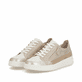 Beige vegane remonte Damen Sneaker D2E06-60 mit einem Reißverschluss. Schuhpaar seitlich schräg.