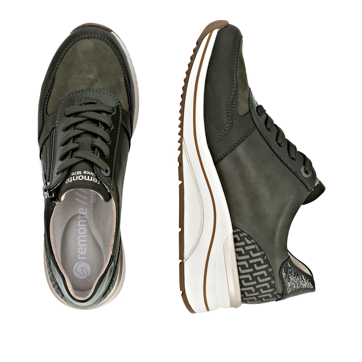 Grüne remonte Damen Sneaker D0T16-54 mit einem Reißverschluss sowie Extraweite H. Schuh von oben, liegend.