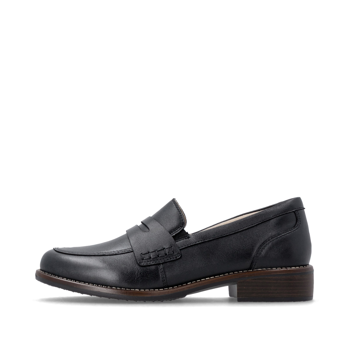 Schwarze remonte Damen Loafer D0F05-00 mit einem Gummizug. Schuh Außenseite.