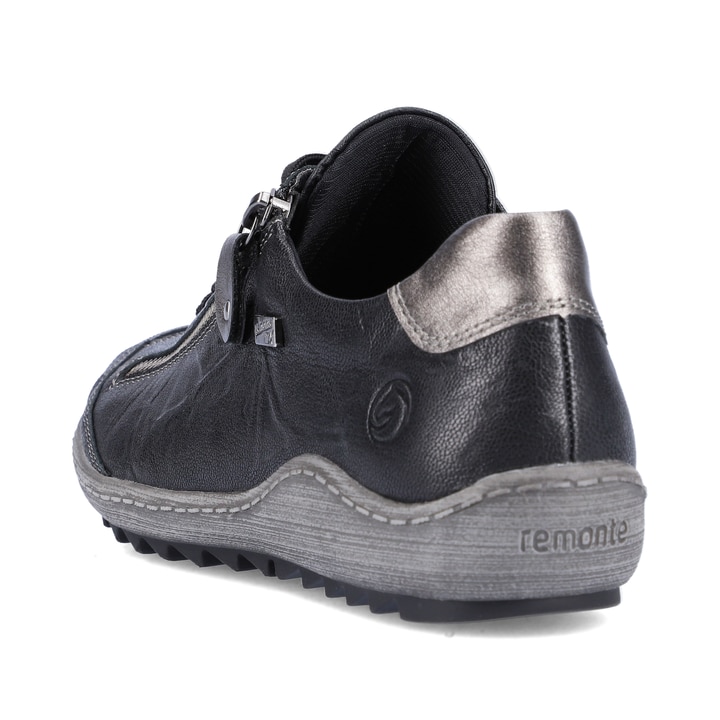 
Tiefschwarze remonte Damen Schnürschuhe R1402-06 mit Schnürung und Reißverschluss. Schuh von hinten