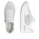 Weiße vegane remonte Damen Sneaker Low D1329-80 mit einem Reißverschluss. Schuh von oben, liegend.