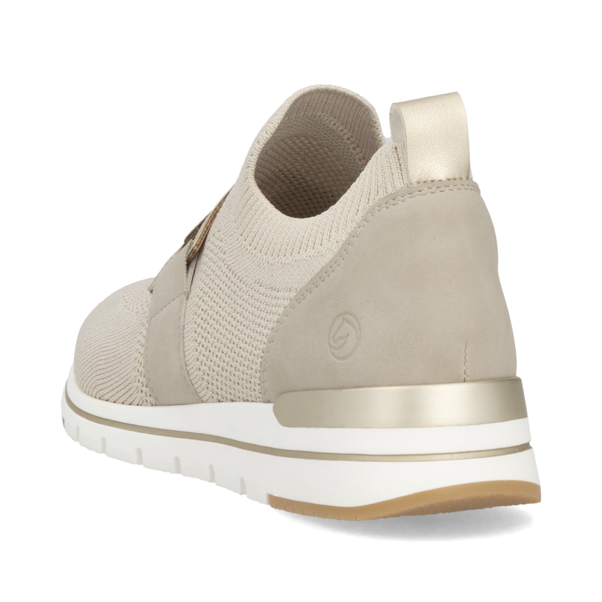 Beige remonte Damen Slipper R6713-60 mit einem Gummizug sowie der Komfortweite G. Schuh von hinten.