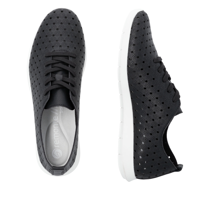 Schwarze remonte Damen Schnürschuhe R7101-00 mit der Komfortweite G. Schuh von oben, liegend.