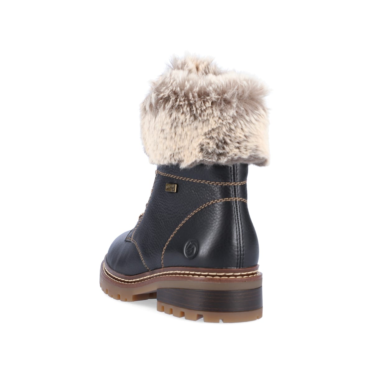 Stahlschwarze remonte Damen Schnürstiefel D0B74-01 mit einer Glass-Fibre Sohle. Schuh von hinten