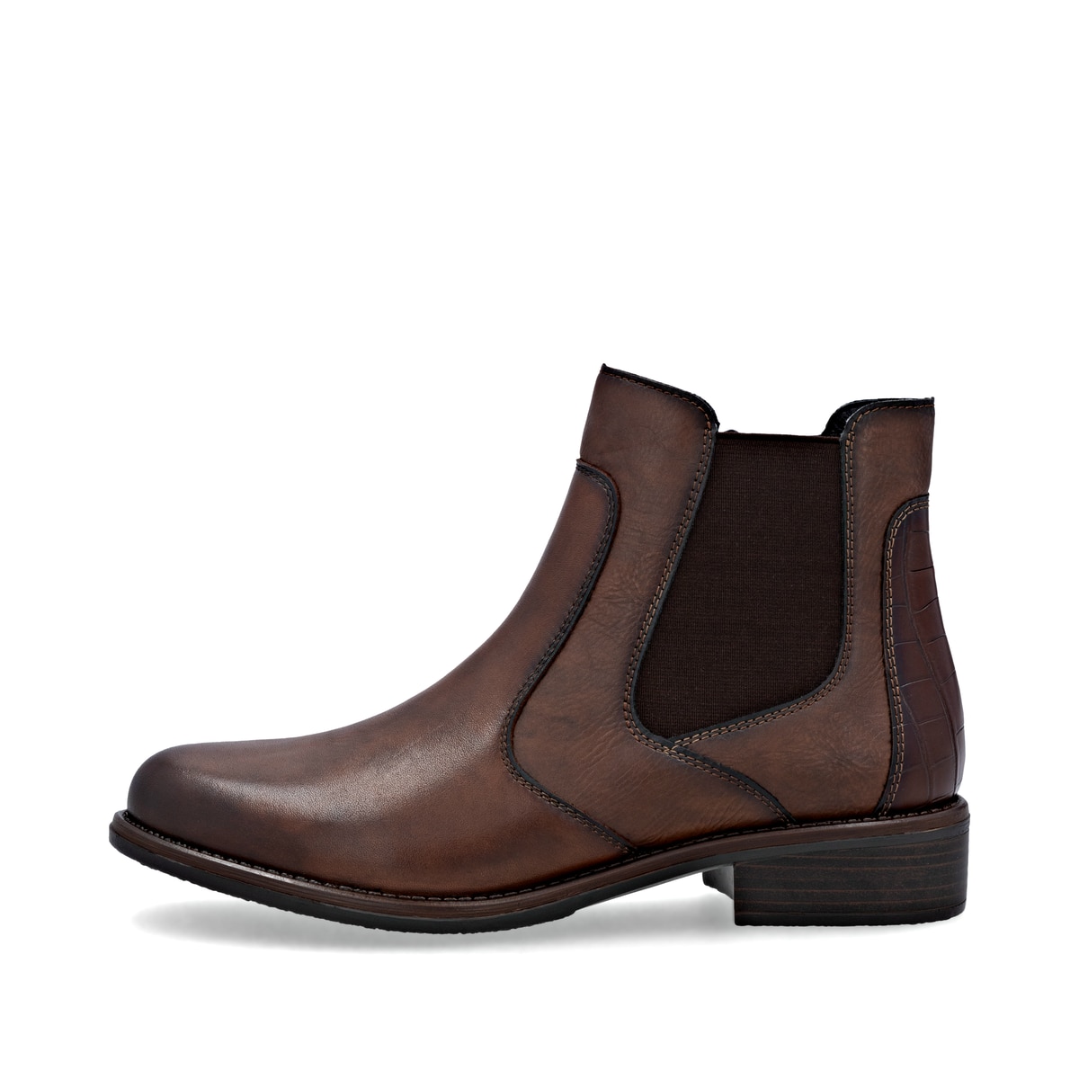 Braune remonte Chelsea Boots D0F70-23 mit einem Reißverschluss. Schuh Außenseite.
