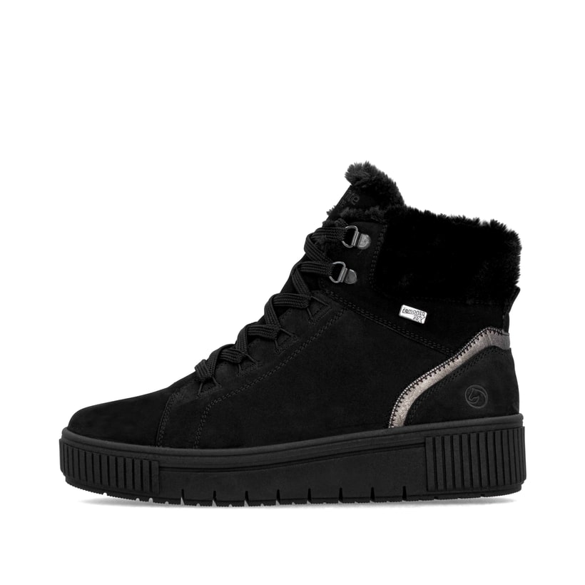 Schwarze remonte Damen Kurzstiefel D3B72-03 mit wasserabweisender TEX-Membran. Schuh Außenseite.