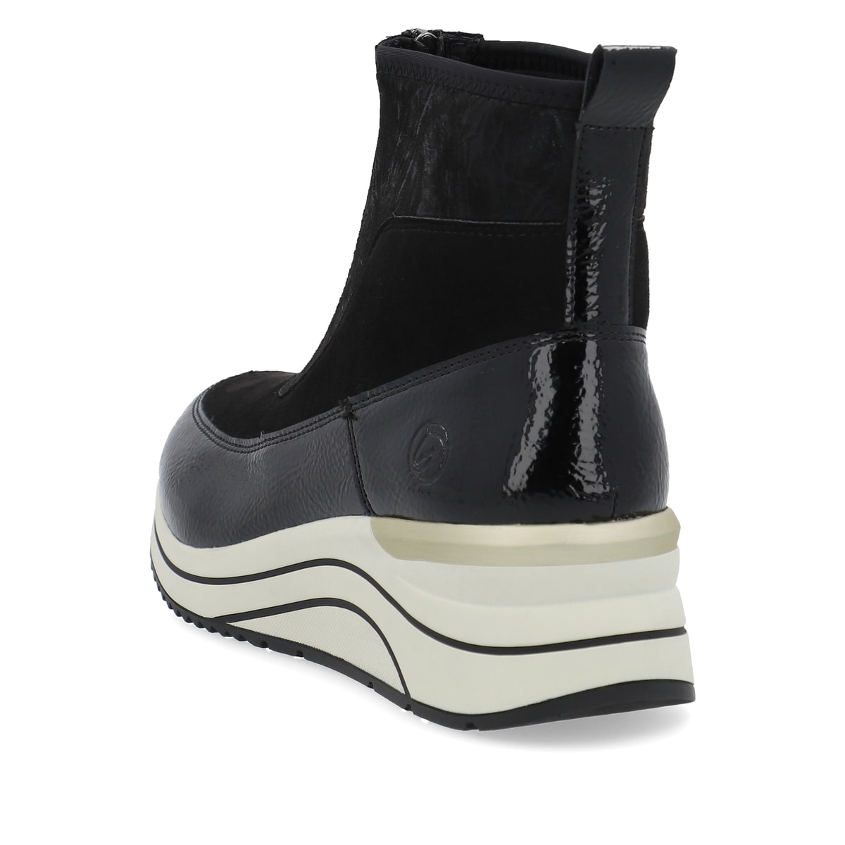 Nachtschwarze remonte Damen Sneaker D0T71-01 mit Reißverschluss sowie einem Keilabsatz. Schuh von hinten