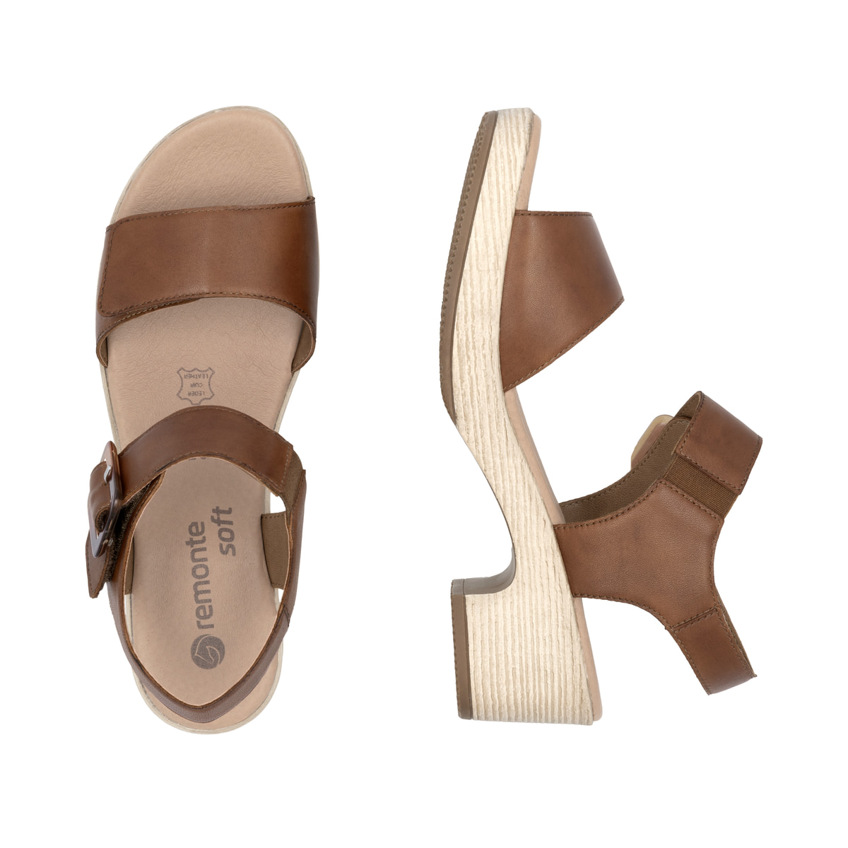 Braune remonte Riemchensandaletten D0N52-25 mit einem Klettverschluss. Schuh von oben, liegend.