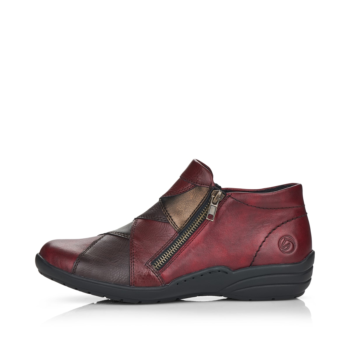 Bottines remonte rouges pour femmes R7674-36 avec fermeture éclair. Côté extérieur de la chaussure.