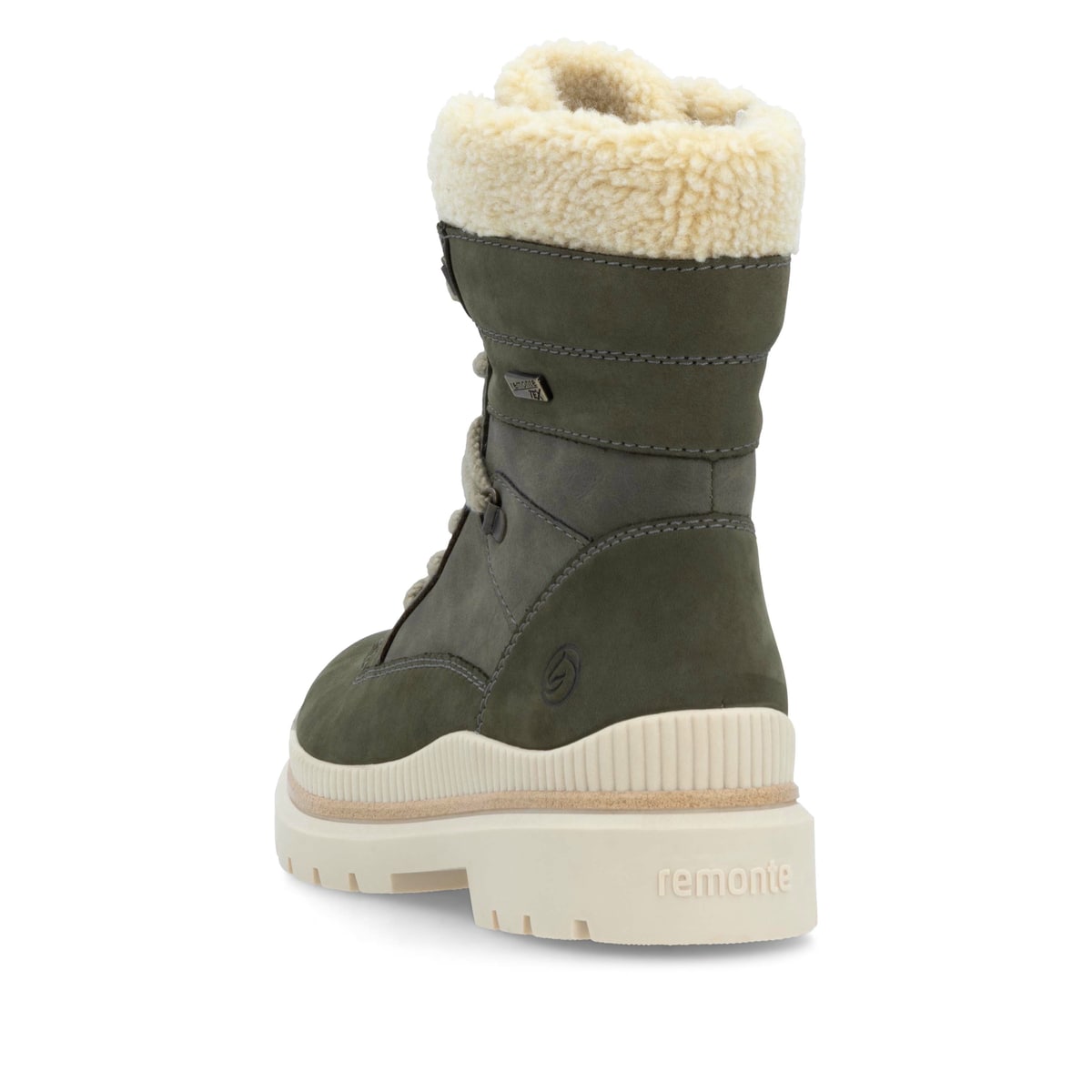 Olivgrüne remonte Damen Schnürstiefel D0C77-54 mit griffiger Glass-Fibre Sohle. Schuh von hinten.