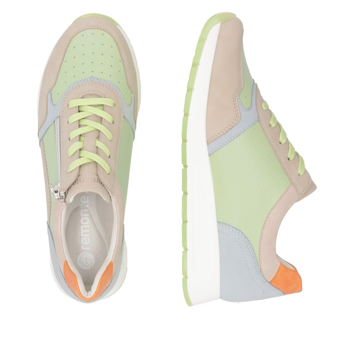 Grüne remonte Damen Sneaker Low D2G00-52 mit Reißverschluss sowie Komfortweite G. Schuh von oben, liegend.