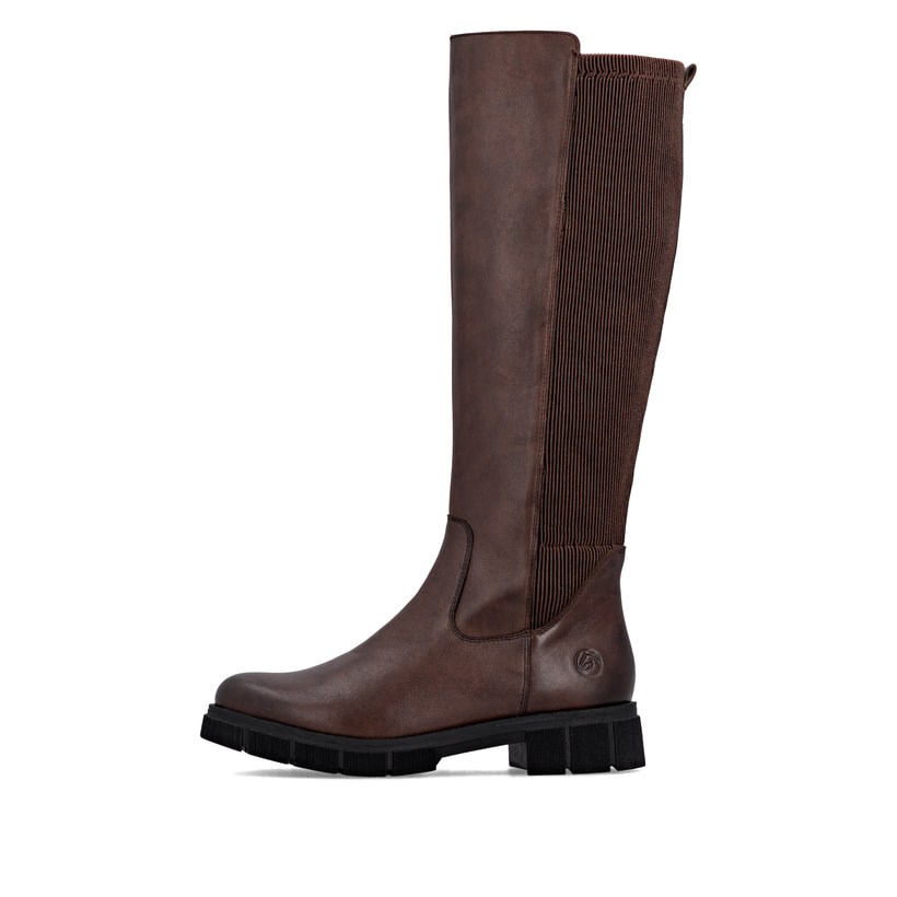 Braune remonte Hochschaftstiefel D2S74-25 mit einem Reißverschluss. Schuh Außenseite.
