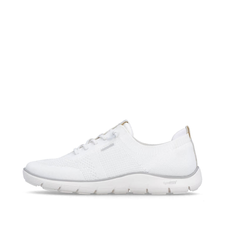 Mocassins remonte blancs pour femme D3G02-80 avec bande élastique. Côté extérieur de la chaussure.