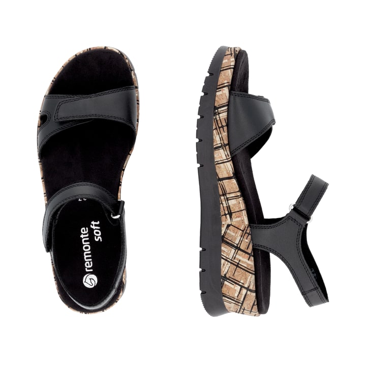 Schwarze remonte Keilsandaletten D2P52-00 mit einem Klettverschluss. Schuh von oben, liegend.