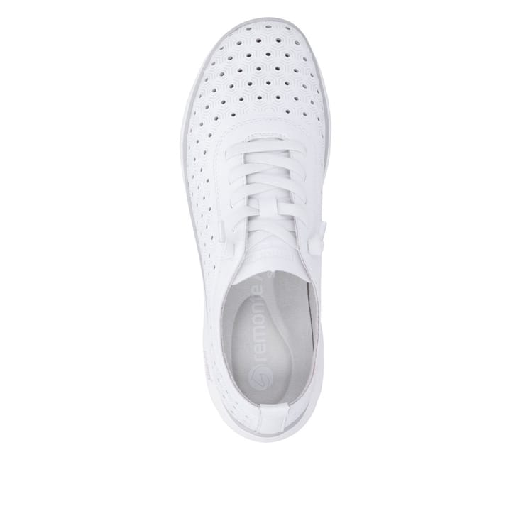 Weiße remonte Damen Slipper D3G03-80 mit eleganten Zierlochungen sowie Gummizug. Schuh von oben.