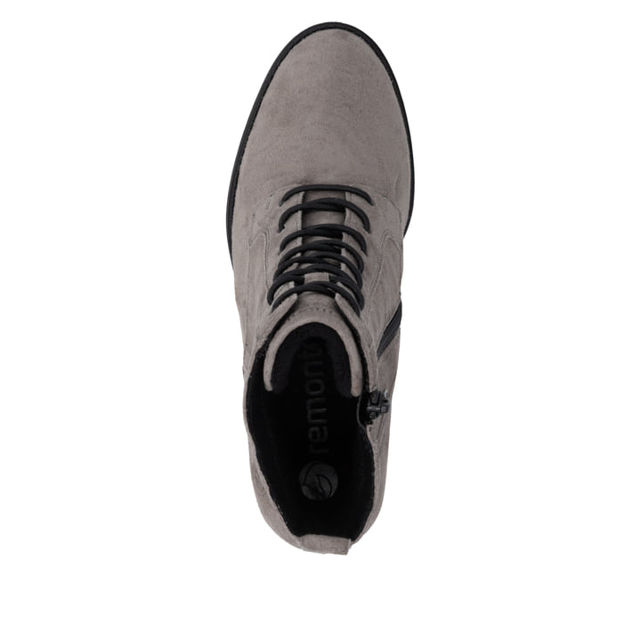 Graue remonte Damen Schnürstiefel D2A80-42 mit einem Reißverschluss. Schuh von oben.