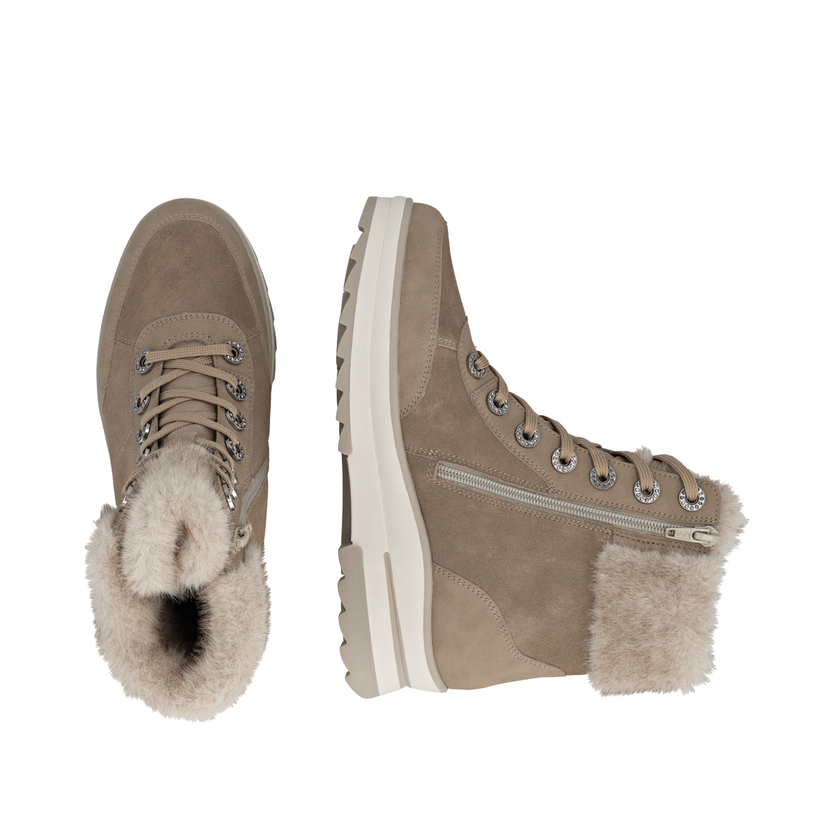 Beigebraune remonte Damen Schnürstiefel D2B75-64 mit griffiger Glass-Fibre Sohle. Schuh von oben, liegend.