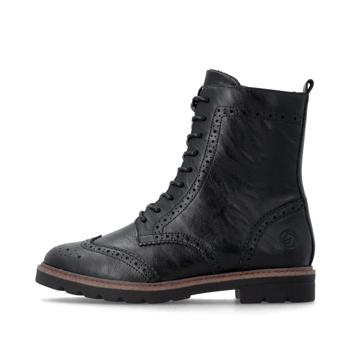 Schwarze remonte Damen Schnürstiefel D2Q73-00 mit einem Reißverschluss. Schuh Außenseite.