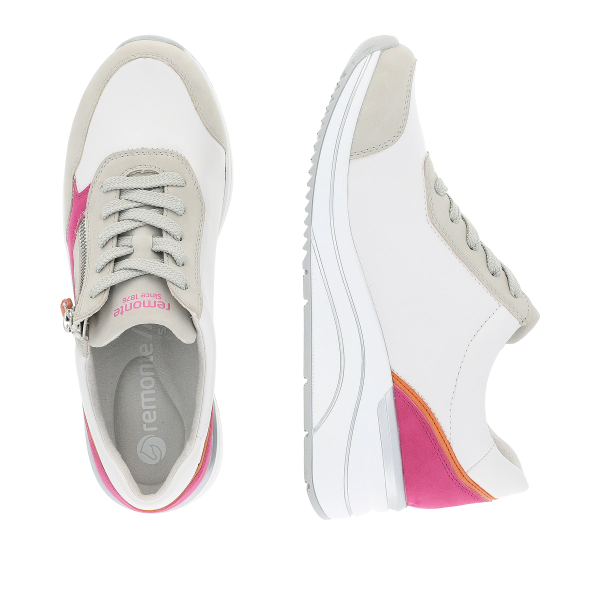 Graue vegane remonte Damen Sneaker D0T01-81 mit einem Reißverschluss. Schuh von oben, liegend.