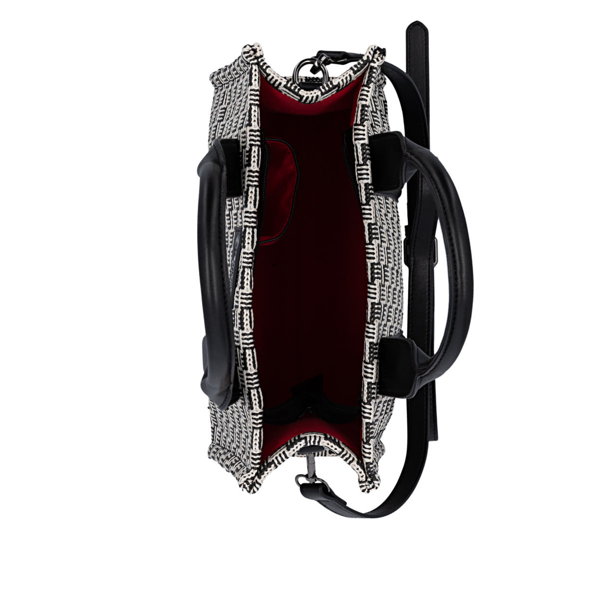 Sac à main remonte Q0767-02 noir avec motif tressé et bretelles amovibles ajustables.  Ouvert.