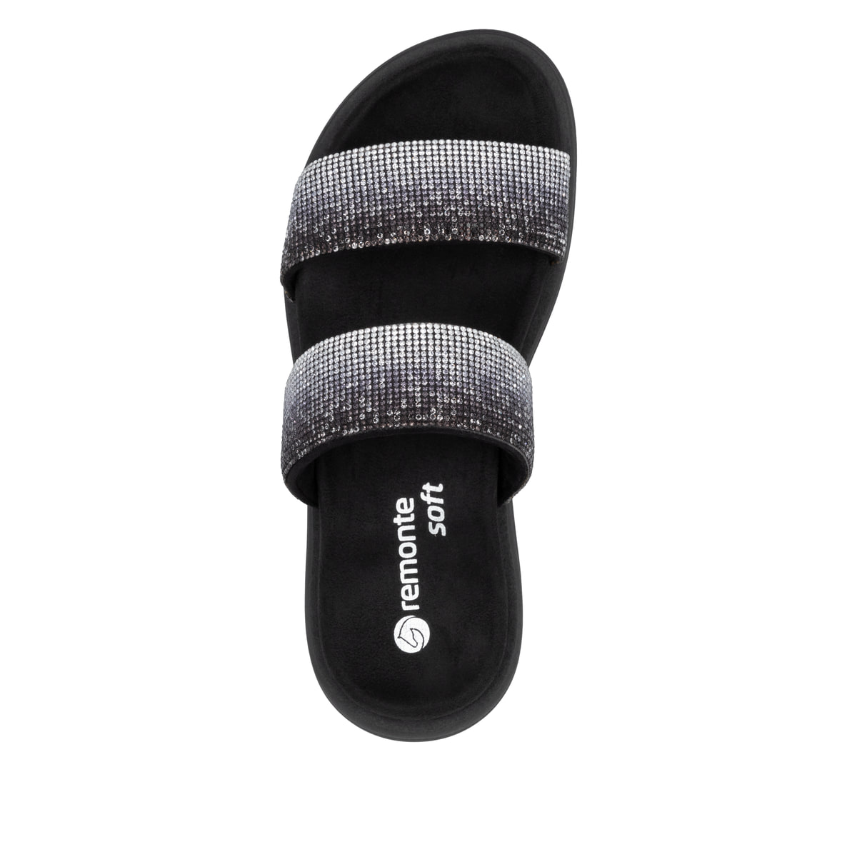 Schwarze vegane remonte Damen Pantoletten D2N50-03 mit einem weichen Fußbett. Schuh von oben.