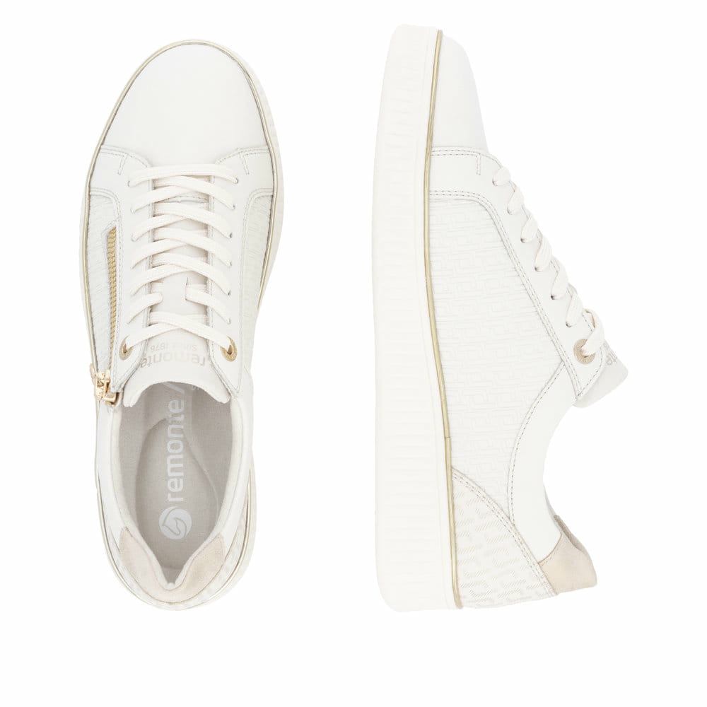 Weiße remonte Damen Sneaker Low D2E00-80 mit Reißverschluss sowie Komfortweite G. Schuh von oben, liegend.
