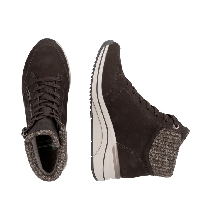 Dunkelbraune remonte Damen Schnürstiefel D0T77-25. Schuh von oben, liegend.