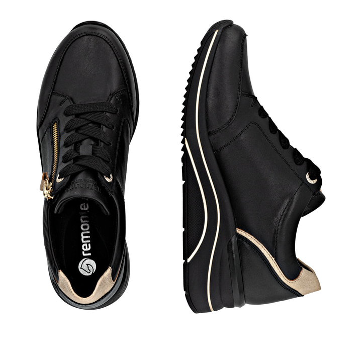 Schwarze remonte Damen Sneaker D0T03-03 mit Reißverschluss sowie Extraweite H. Schuh von oben, liegend.