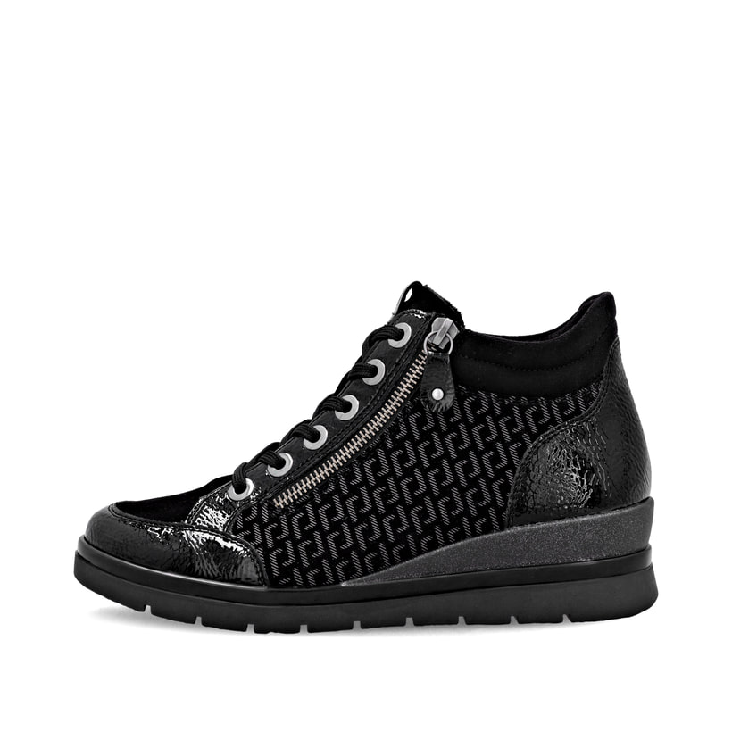 Schwarze remonte Damen Schnürstiefel R0773-05 mit einem Reißverschluss. Schuh Außenseite.