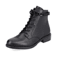 
Glanzschwarze remonte Damen Biker Boots D0F74-01 mit Schnürung und Reißverschluss. Schuh seitlich schräg